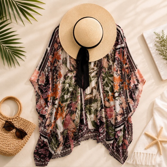 Vince Camuto Accessories - *New* Vince Camuto Tropical Style Ruana and Floppy Hat with Matching Band & Bow